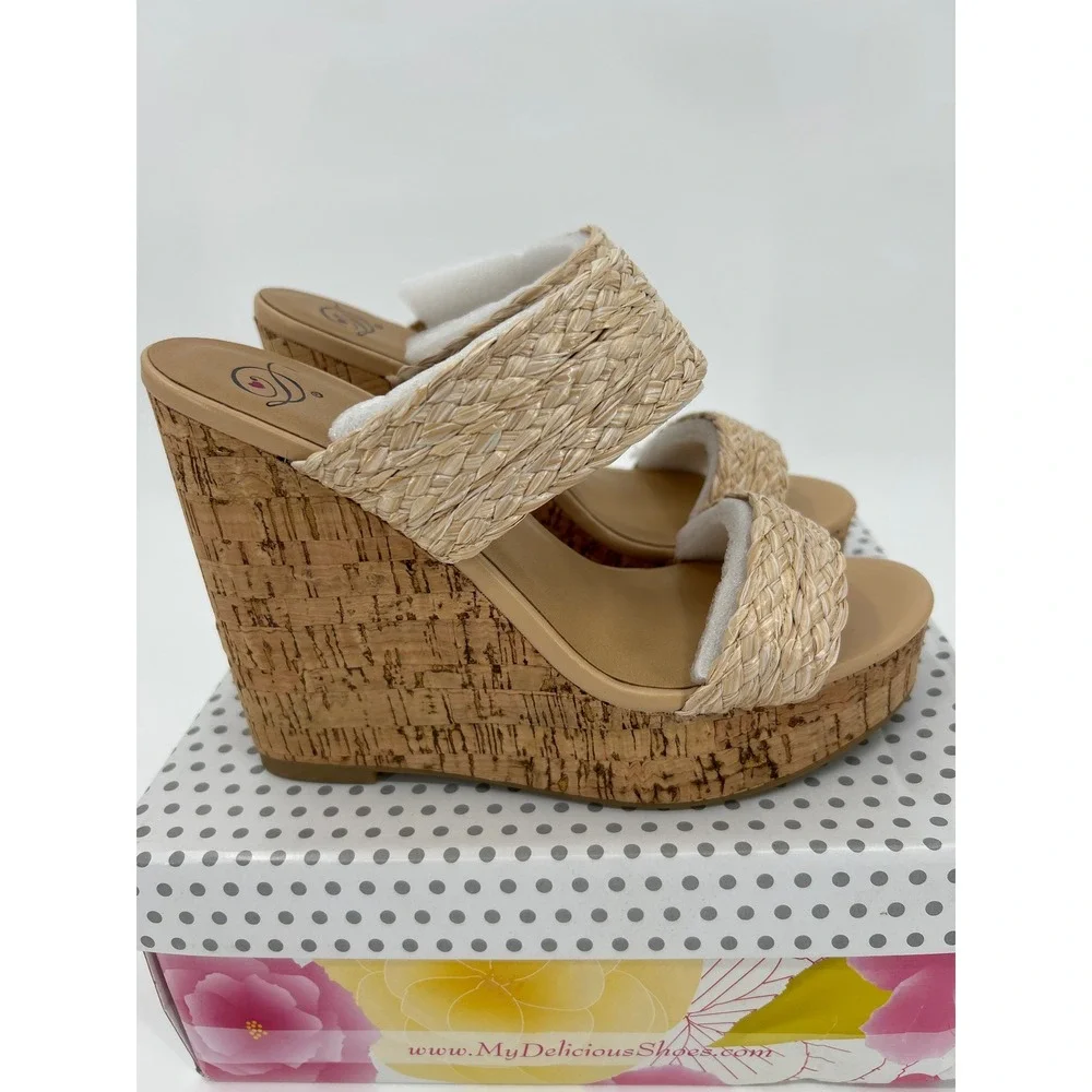 Delicious Bennett-S Womens Raffia Cork Wedge‎ Sandals Natural Tan Platform 8.5
